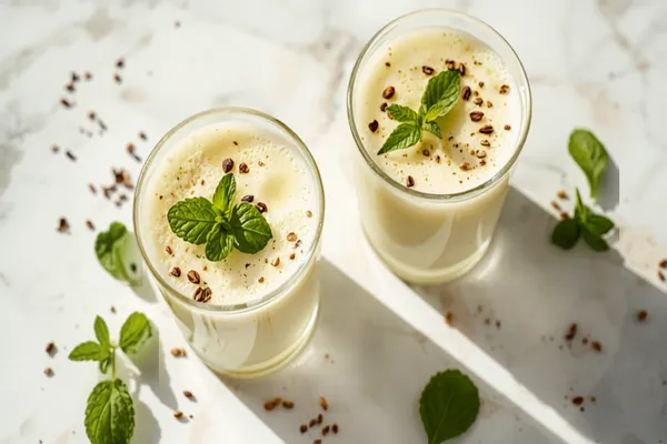 Two glasses of frothy pale chaas garnished with mint and a sprinkle of cumin, curry leaves nearby, on a bright table.