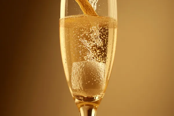 A classic Champagne Cocktail in a flute with a sugar cube streaming bubbles and a lemon twist, elegant warm light.