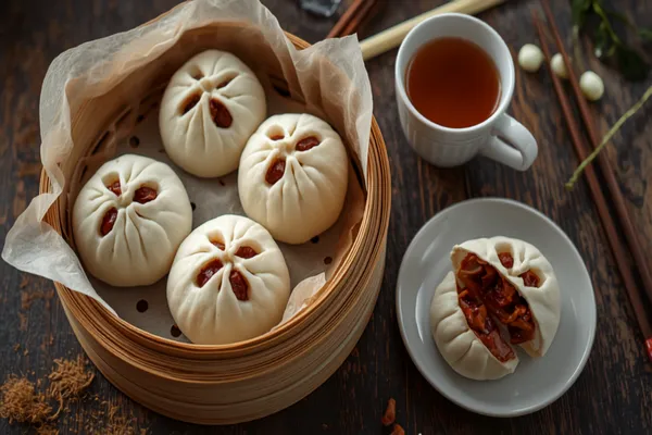 Four freshly steamed char siu bao in a parchment-lined round bamboo steamer basket seen from slightly above, each snow-white bun burst open at the top into a three-way split that shows the glossy dark red barbecue pork filling inside; a halved bun on a small white plate to the right spills diced char siu in mahogany sauce, beside a white mug of amber tea and a pair of wooden chopsticks on a dark weathered wooden table.