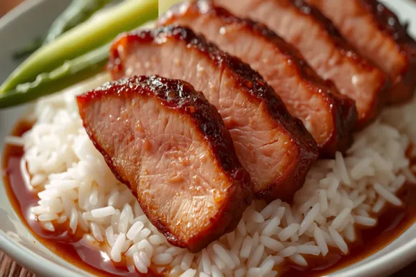Sliced char siu pork with glossy caramelised red-brown edges and a juicy pink interior, arranged over white rice with blanched green vegetables and a drizzle of dark sauce.