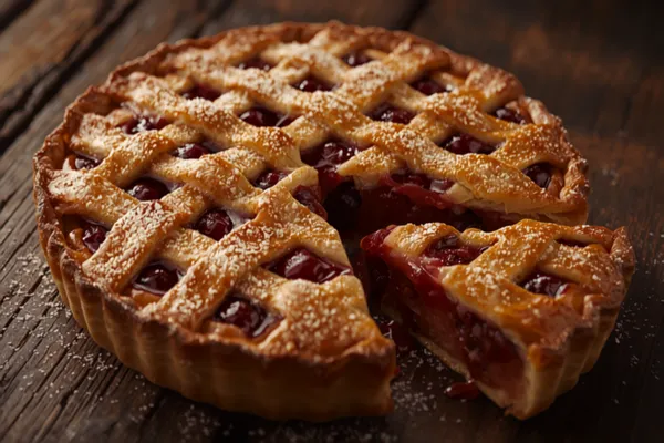 A golden, lattice-topped cherry pie with glossy ruby-red filling bubbling through the woven crust, sprinkled with coarse sugar, one slice lifted to show the jammy interior.