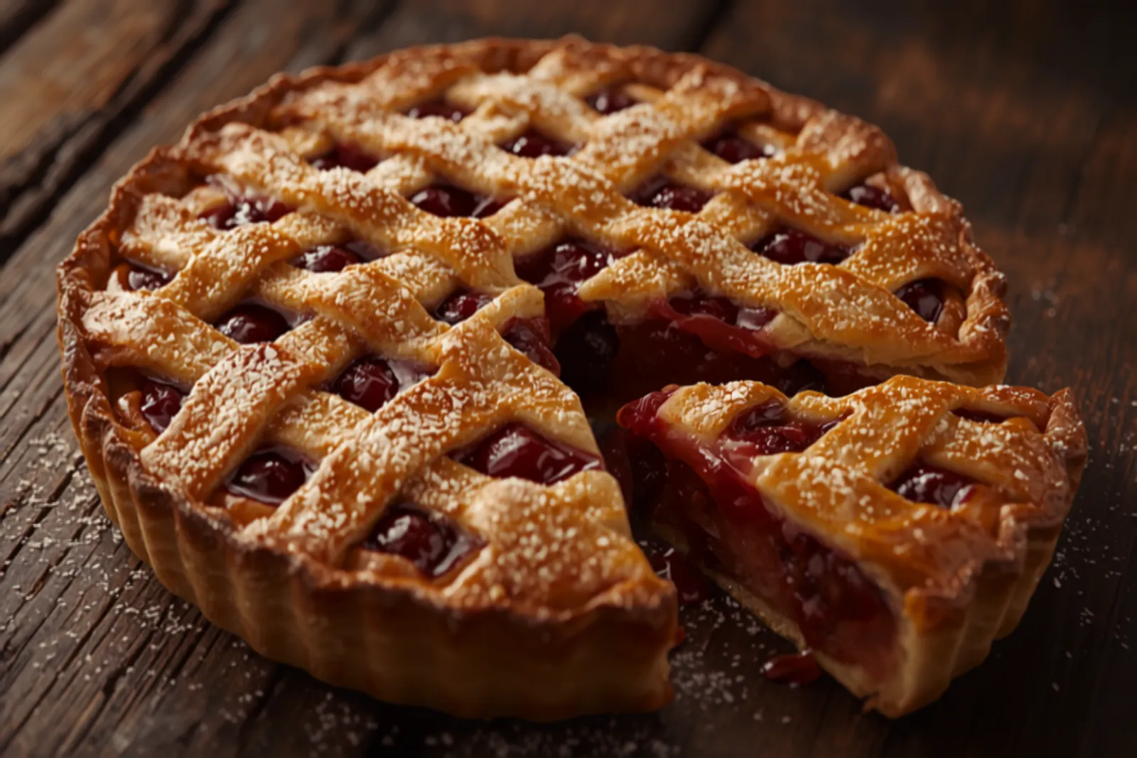 A golden, lattice-topped cherry pie with glossy ruby-red filling bubbling through the woven crust, sprinkled with coarse sugar, one slice lifted to show the jammy interior.