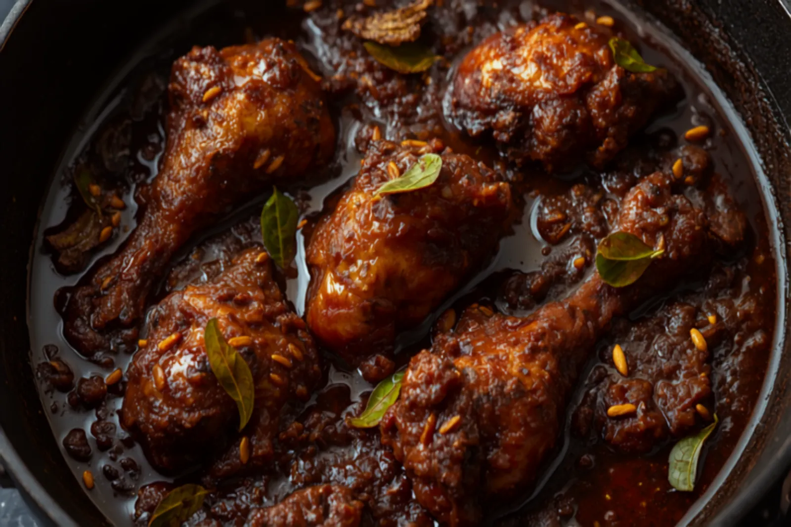 A dark, glossy Chettinad chicken curry with bone-in pieces coated in a thick brown-black roasted-spice masala, scattered with fried curry leaves, in a kadhai.