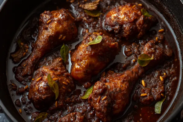 A dark, glossy Chettinad chicken curry with bone-in pieces coated in a thick brown-black roasted-spice masala, scattered with fried curry leaves, in a kadhai.
