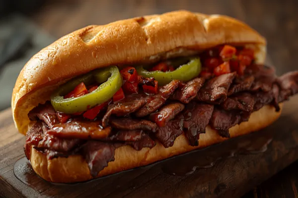 A Chicago Italian beef sandwich on a long roll overflowing with thin slices of juicy beef, topped with sautéed green peppers and chopped hot giardiniera, the bun soaked in dark jus.