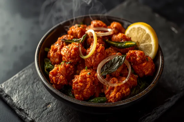 A heaped bowl of deep-red, golden-crisp Chicken 65 tossed with fried curry leaves and slit green chillies, garnished with raw onion rings and a lemon wedge, on a dark slate background in warm light.
