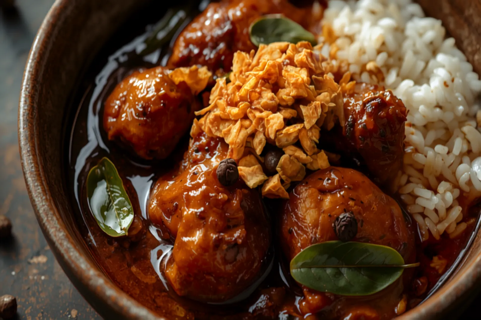 A bowl of chicken adobo — browned bone-in chicken pieces in a glossy dark soy-and-vinegar sauce with bay leaves and peppercorns, scattered with crisp fried garlic, beside steamed white rice.