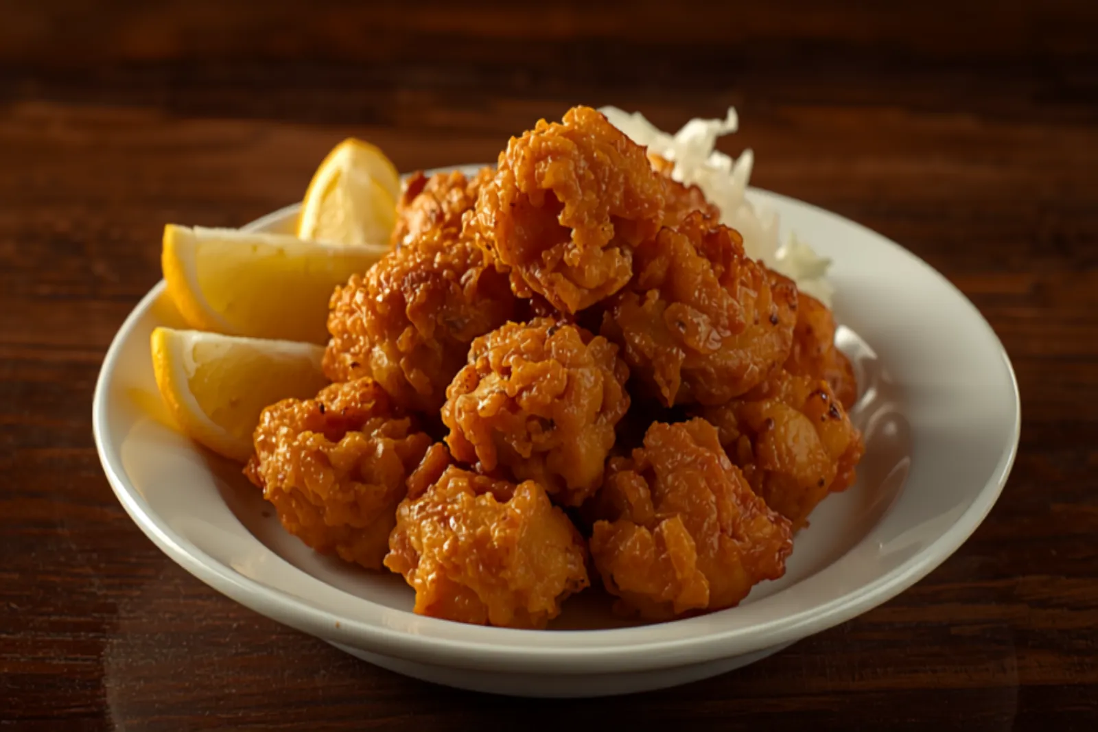 A shallow white plate mounded with pieces of golden-brown chicken karaage, their craggy lacquered crusts catching the light, three bright yellow lemon wedges tucked to one side and a small nest of finely shredded cabbage behind, set on a dark wooden izakaya table.