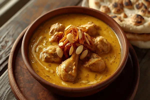 A bowl of Mughlai chicken korma — bone-in chicken in a pale golden, creamy sauce garnished with golden fried onions, slivered almonds and saffron, beside naan.