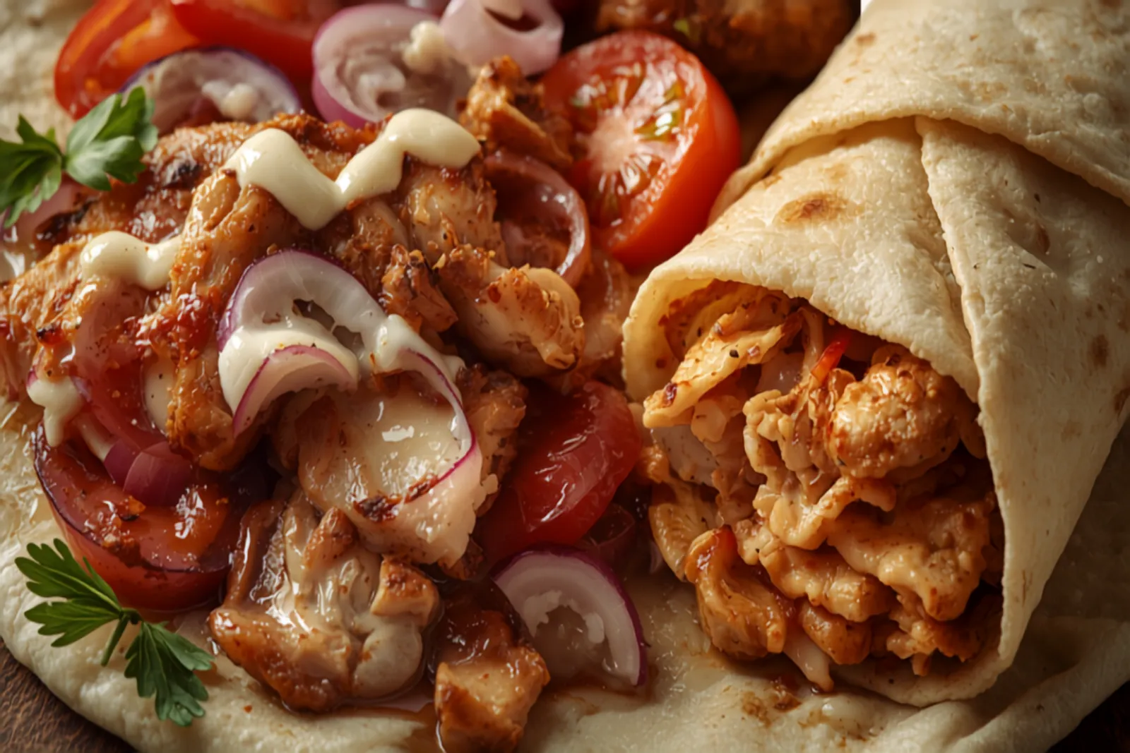 Sliced, charred spiced chicken shawarma piled on flatbread with white garlic sauce, bright pink pickled turnips, tomato and parsley, one wrap rolled and cut to show the filling.