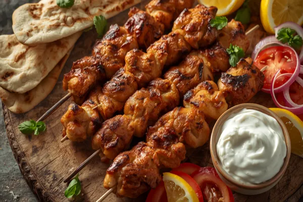 Charred golden chicken souvlaki skewers resting on a wooden board beside warm pita, a bowl of white tzatziki, sliced tomato and red onion, and bright lemon wedges.