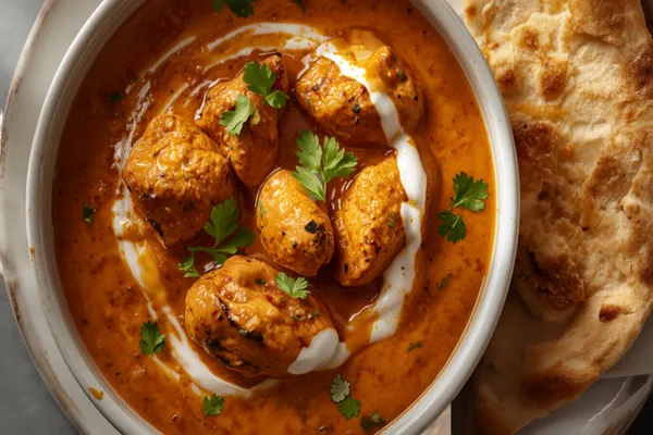 A bowl of chicken tikka masala — charred chicken pieces in a creamy red-orange spiced gravy with a swirl of cream and fresh coriander, beside garlic naan.