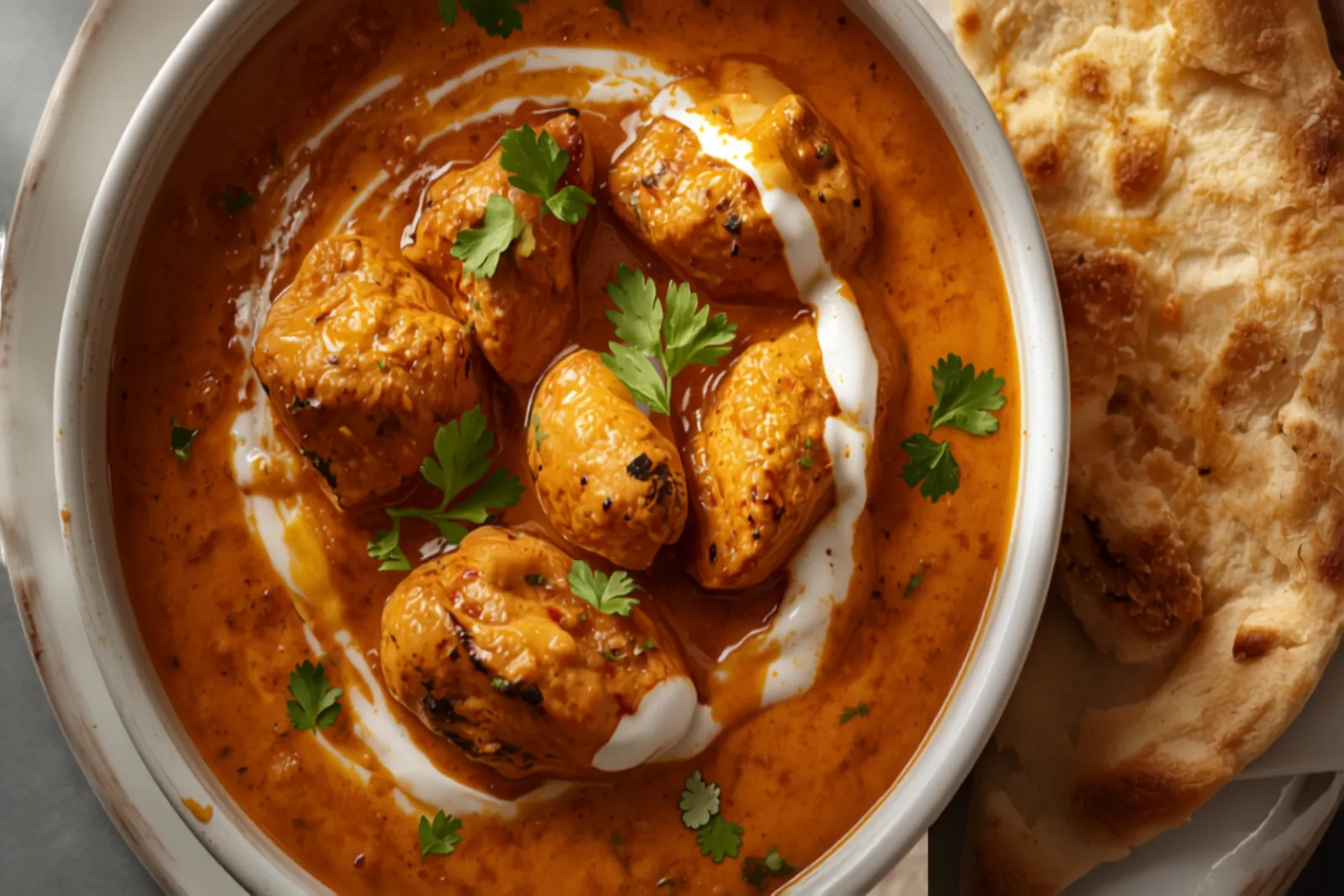 A bowl of chicken tikka masala — charred chicken pieces in a creamy red-orange spiced gravy with a swirl of cream and fresh coriander, beside garlic naan.