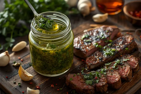 An open glass jar of Argentine chimichurri on a dark weathered wooden board, the sauce visibly separated into a clear golden-green layer of oil above a dense sediment of finely hand-chopped parsley and dried oregano. A metal spoon rests across the jar mouth holding a heaped spoonful of the herbs with oil running off it. To the right, thick slices of charred grilled steak with rosy pink centres are scattered with the green sauce and flecks of red chilli; whole garlic cloves and a bulb sit at the lower left, a bunch of fresh parsley blurs into the background, and a bottle of red wine vinegar and a wooden bowl of chilli flakes stand out of focus behind.