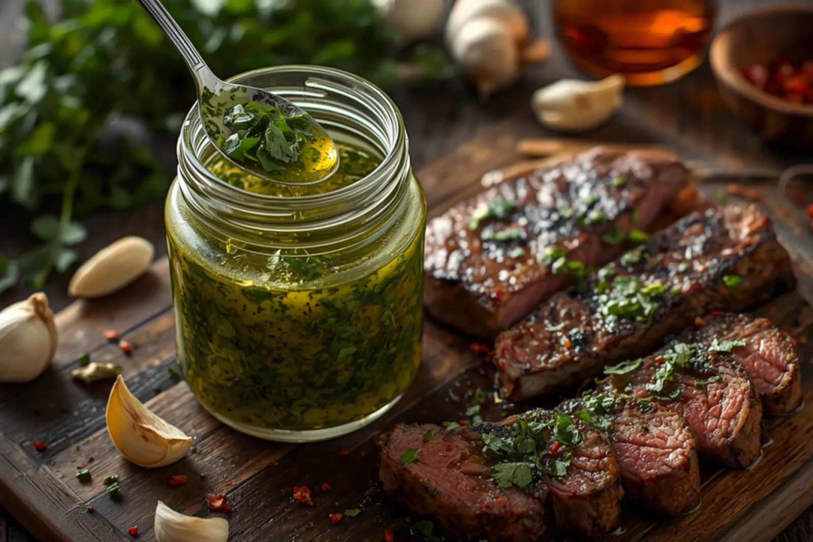 An open glass jar of Argentine chimichurri on a dark weathered wooden board, the sauce visibly separated into a clear golden-green layer of oil above a dense sediment of finely hand-chopped parsley and dried oregano. A metal spoon rests across the jar mouth holding a heaped spoonful of the herbs with oil running off it. To the right, thick slices of charred grilled steak with rosy pink centres are scattered with the green sauce and flecks of red chilli; whole garlic cloves and a bulb sit at the lower left, a bunch of fresh parsley blurs into the background, and a bottle of red wine vinegar and a wooden bowl of chilli flakes stand out of focus behind.
