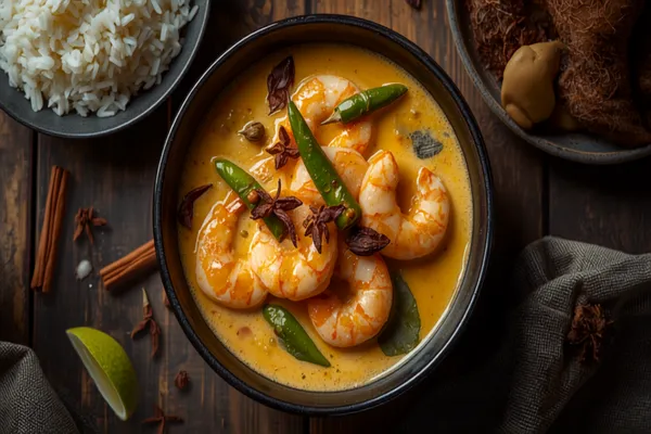 A bowl of chingri malai curry with plump pink prawns in a glossy pale-gold coconut gravy, scattered with slit green chillies and whole spices, beside a mound of white rice in warm natural light.