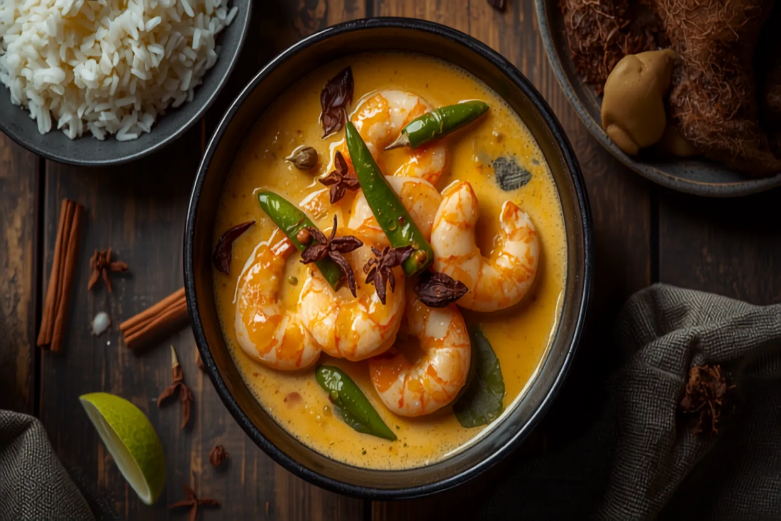 A bowl of chingri malai curry with plump pink prawns in a glossy pale-gold coconut gravy, scattered with slit green chillies and whole spices, beside a mound of white rice in warm natural light.