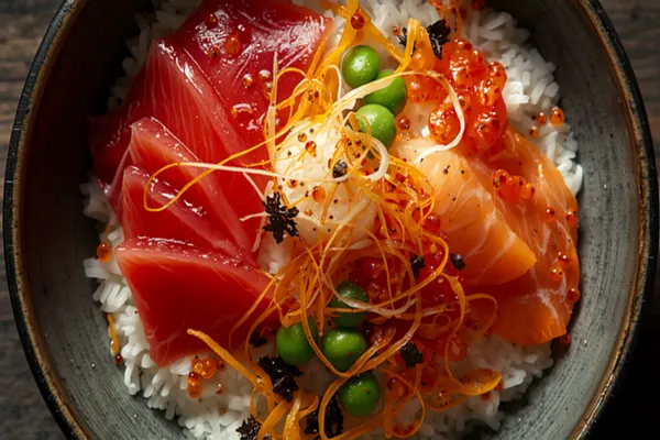 A wide shallow bowl of scattered chirashi sushi: glossy white seasoned rice topped with fanned slices of ruby tuna and orange salmon, golden threads of shredded egg, bright green snow peas, glistening orange salmon roe, and a scatter of dark nori, arranged like a jewel box.