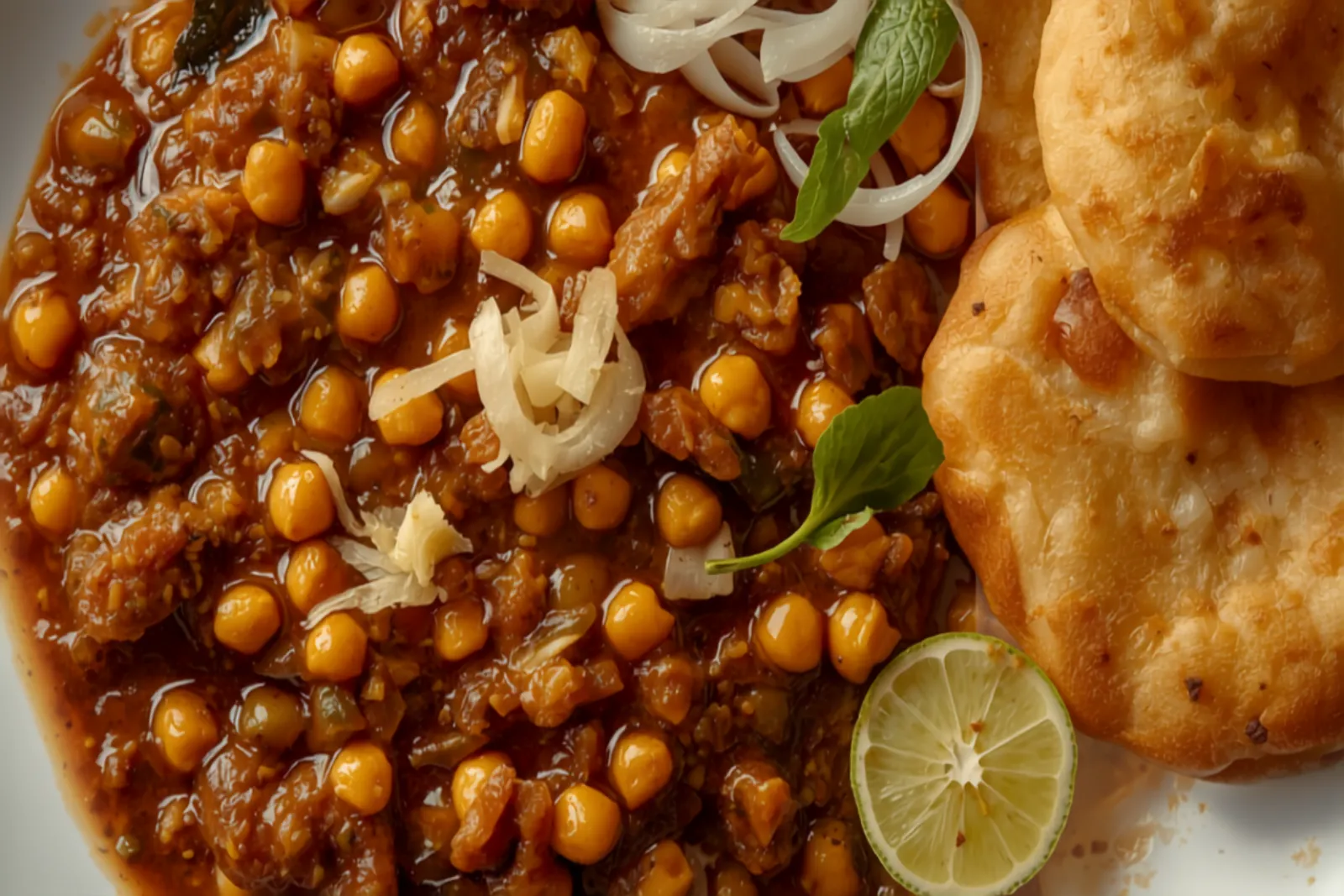 A plate of dark, spiced chickpea chole topped with ginger and onion beside two large puffed golden bhature, with sliced onion, green chili, and lime.