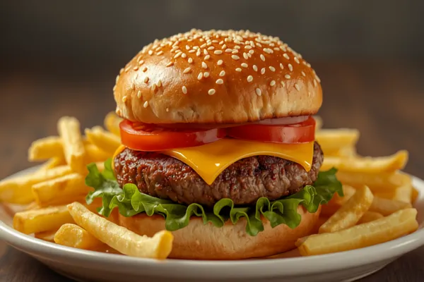 A classic American cheeseburger — a seared beef patty with melted cheese, lettuce, tomato, and onion on a toasted sesame bun — with a side of golden fries.