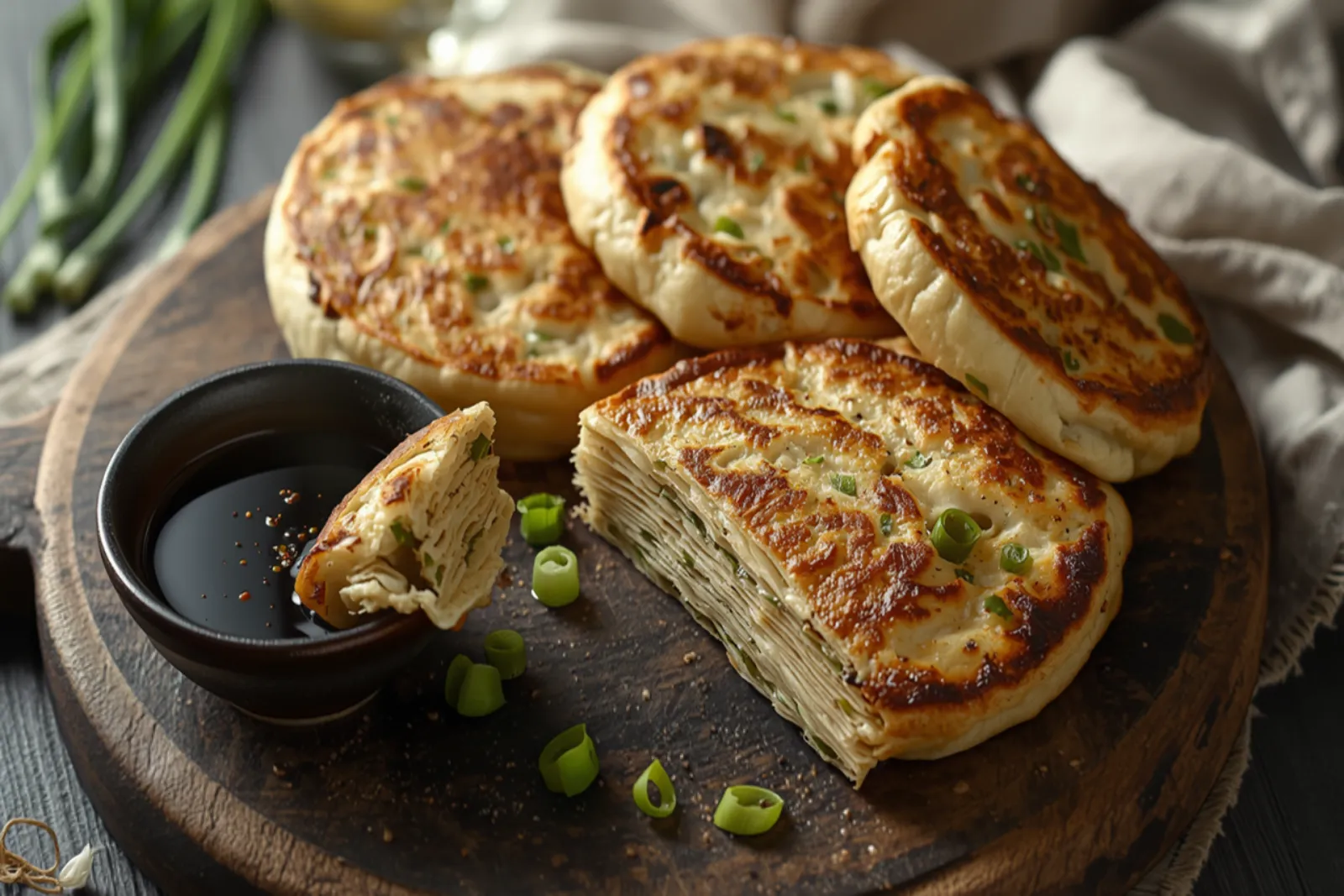 Four golden-brown Chinese scallion pancakes on a dark round wooden board, the front one cut clean through to reveal dozens of thin separated flaky layers with green spring onion running between them, a torn piece resting on the rim of a small black bowl of dark soy-and-vinegar dipping sauce, sliced scallion rings scattered across the board and whole spring onion stalks and a pale linen cloth in the soft background.