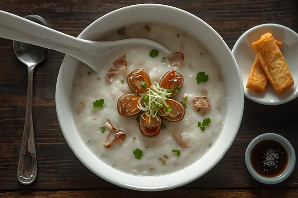 Overhead view of a wide white bowl of pale, silky Cantonese congee on a dark weathered wooden table: glossy amber-brown wedges of century egg arranged in a rosette at the centre under a tuft of fine ginger julienne, with slices of pale pork, torn coriander leaves and green spring onion scattered across the porridge. A white ceramic soup spoon rests in the bowl, a silver spoon lies on the wood to the left, and to the right sit a small dish of golden fried youtiao sticks and a bowl of dark soy sauce.