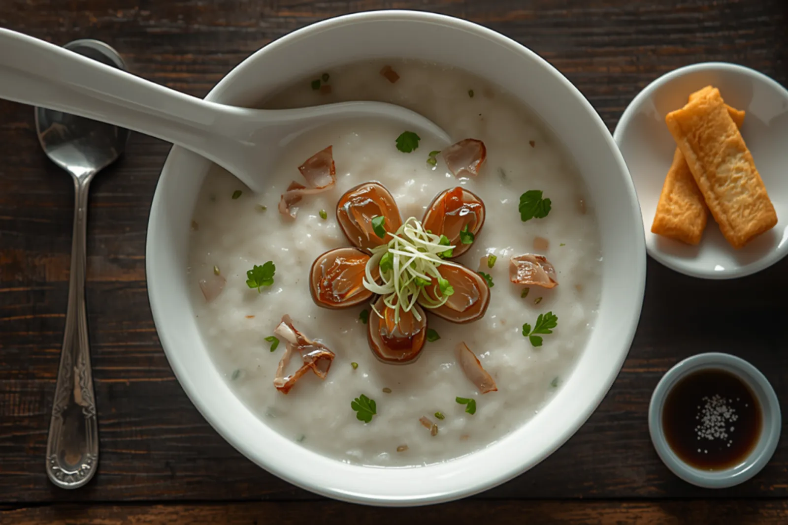 Overhead view of a wide white bowl of pale, silky Cantonese congee on a dark weathered wooden table: glossy amber-brown wedges of century egg arranged in a rosette at the centre under a tuft of fine ginger julienne, with slices of pale pork, torn coriander leaves and green spring onion scattered across the porridge. A white ceramic soup spoon rests in the bowl, a silver spoon lies on the wood to the left, and to the right sit a small dish of golden fried youtiao sticks and a bowl of dark soy sauce.