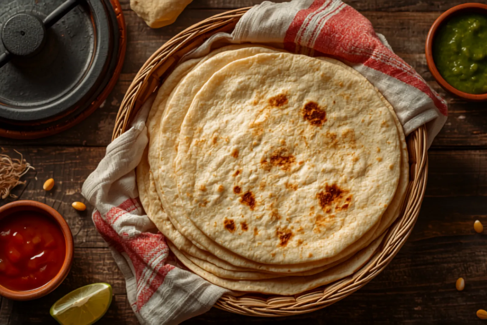 Overhead view of a stack of about eight freshly made corn tortillas in a round woven basket lined with a red-and-white striped cloth, their pale cream surfaces mottled with amber and dark brown comal blisters, on a weathered dark wood table with a cast-iron tortilla press at the upper left, small terracotta bowls of chunky red salsa and green salsa, a lime wedge and scattered dried corn kernels around them.