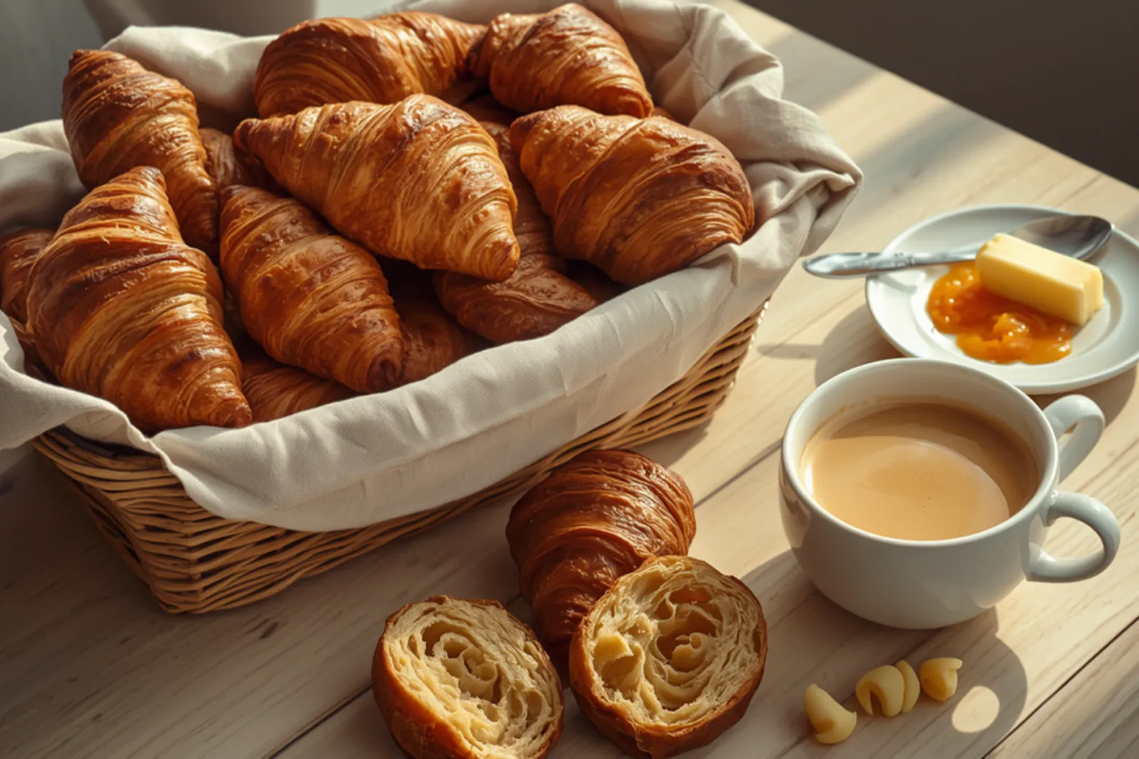 A linen-lined wicker basket piled with golden-brown, deeply blistered French croissants beside a whole croissant split in half to reveal its honeycomb of airy laminated layers, with a white cup of café au lait and a side plate of apricot jam and a curl of butter on a sunlit wooden table.