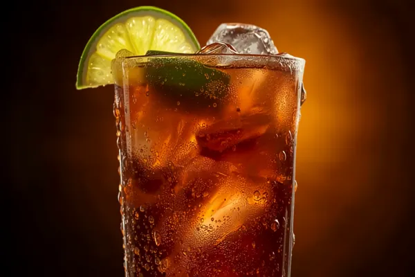 A tall Cuba Libre over ice, dark from cola, with a fresh lime wedge and a spent lime shell in the glass.