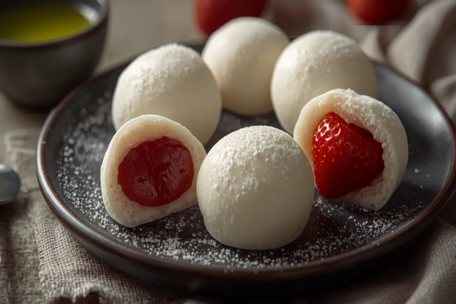 Several round, pillowy white mochi daifuku dusted in fine potato starch on a dark plate, one cut in half to reveal a smooth core of dark-red anko, and one strawberry daifuku sliced to show a whole red berry nested in red-bean paste inside the soft mochi, beside a bowl of green tea.