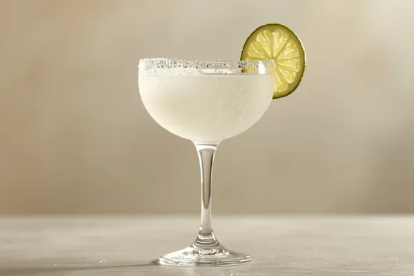 A classic daiquiri served up in a frosted coupe glass, pale and clear with a thin lime wheel, condensation beading on the chilled glass.