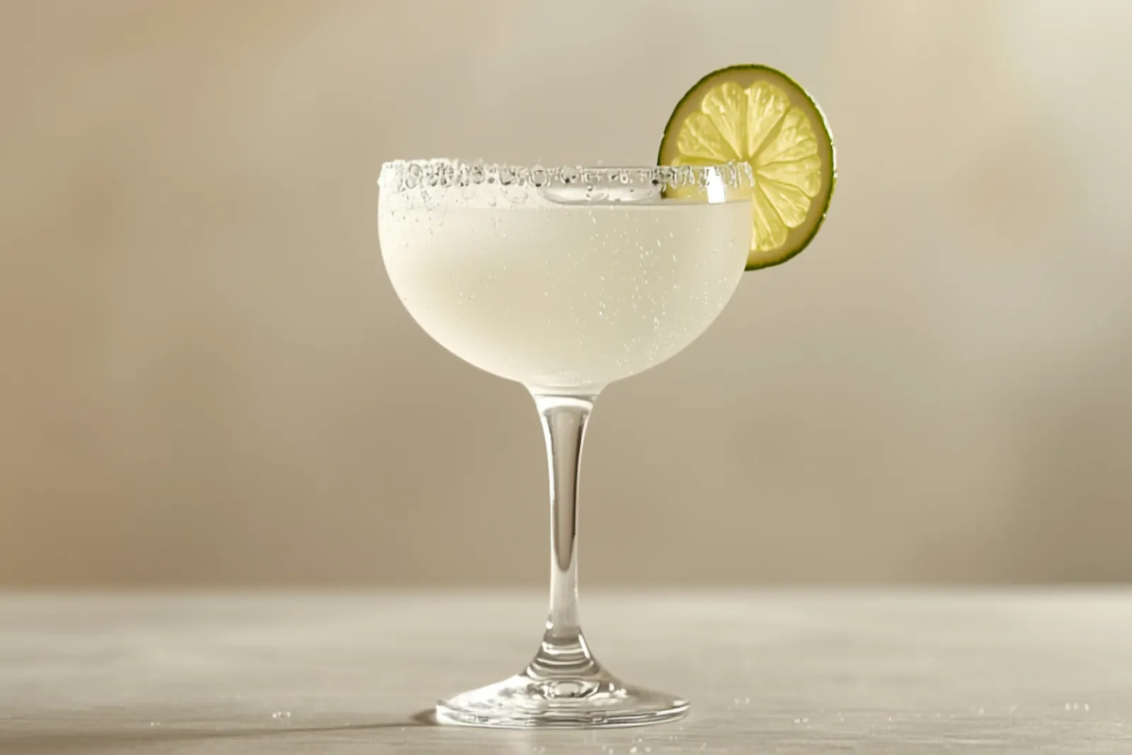 A classic daiquiri served up in a frosted coupe glass, pale and clear with a thin lime wheel, condensation beading on the chilled glass.