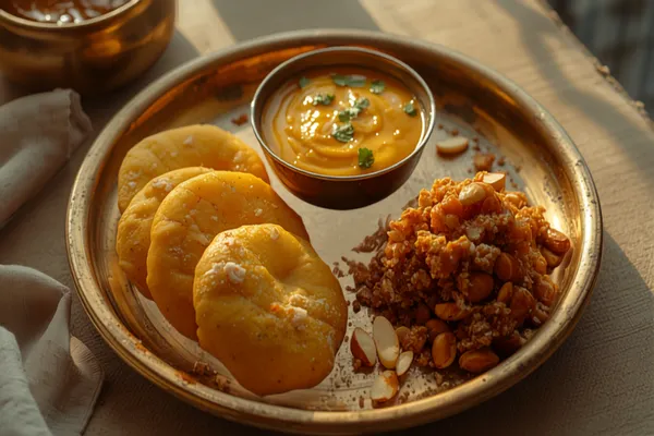 A Rajasthani thali of dal baati churma — golden cracked baati soaked in ghee, a bowl of spiced yellow panchmel dal, and a mound of sweet churma crumble with nuts.