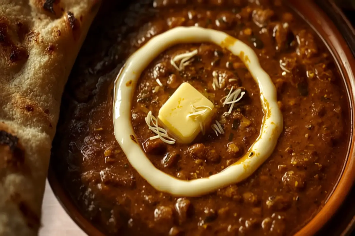 A rich, slow-simmered bowl of dal makhani finished with cream