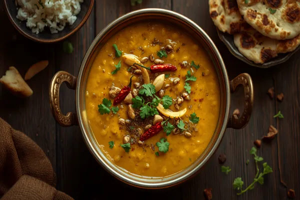 A copper karahi of golden dal tadka topped with a sizzling ghee tempering of sliced garlic, cumin and dried red chillies, scattered with fresh coriander, warm light on a rustic table.