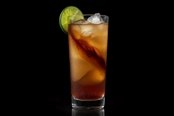 A tall Dark 'n' Stormy over ice with dark rum clouding down through pale ginger beer, a lime wedge on the rim.