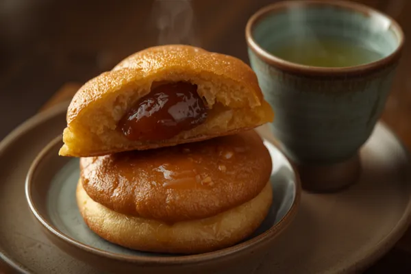 Two burnished golden-brown honey pancakes sandwiching a thick layer of glossy dark-red chunky anko that bulges at the center, one dorayaki resting whole and another split in half to show the bean filling, on a small ceramic plate beside a cup of green tea.