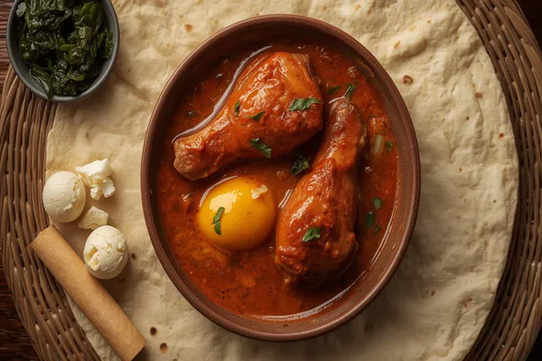 A shallow clay dish of Ethiopian doro wat — bone-in chicken pieces and whole hard-boiled eggs stained deep red, half-submerged in a thick mahogany berbere and onion sauce with a slick of spiced butter on top — set on a round of pale injera with more rolled flatbread and a mound of white ayib alongside.