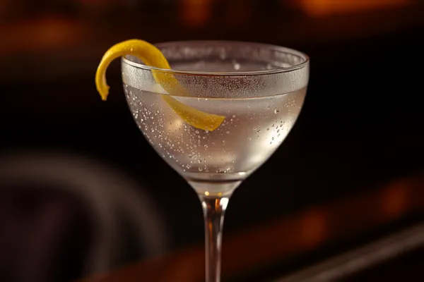 A crystal-clear dry Martini straight up in a chilled coupe with a lemon twist, condensation on the cold glass.