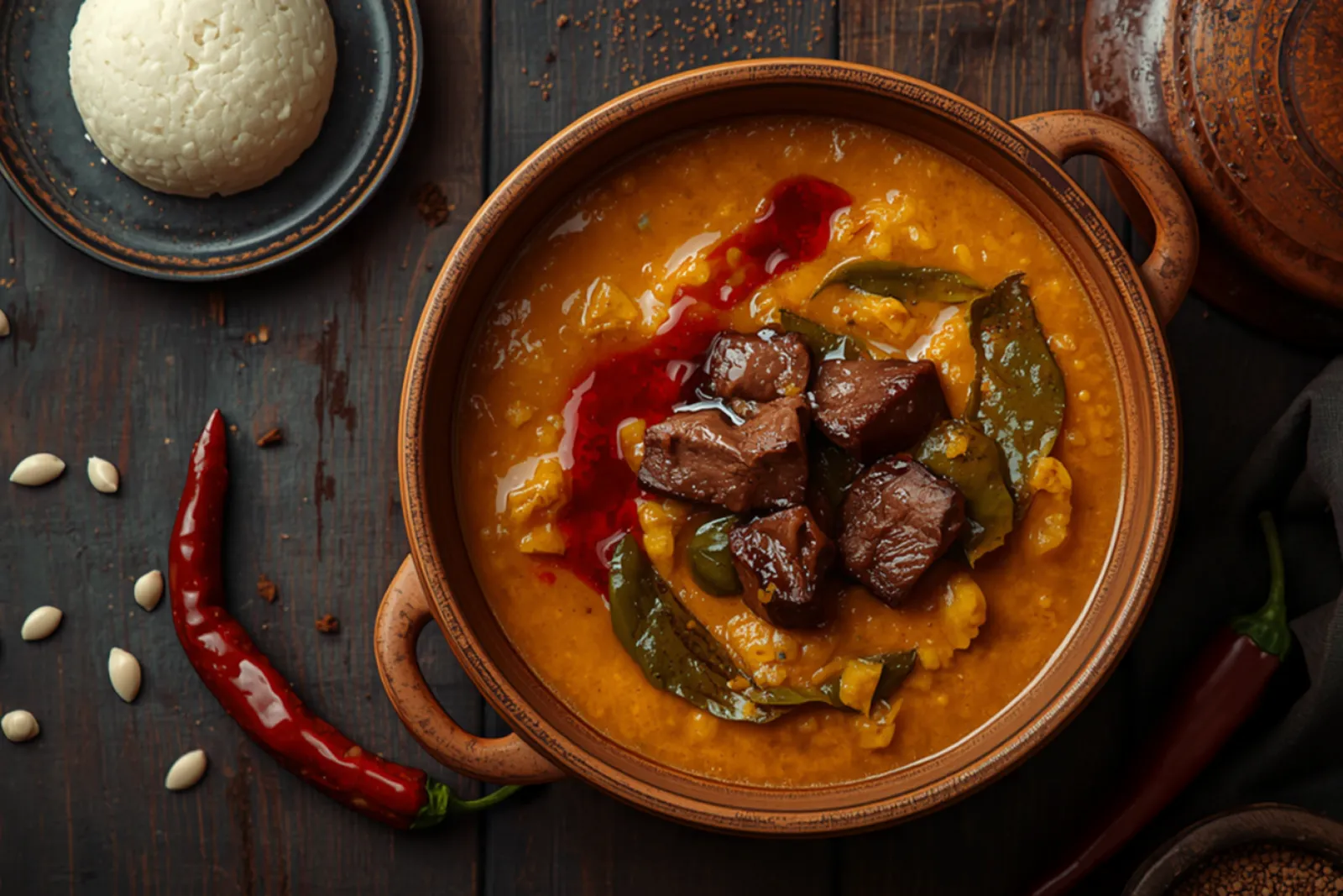 Overhead shot of a two-handled terracotta bowl filled with thick, grainy, golden-orange Nigerian egusi soup, a bright slick of red palm oil streaking across its surface and a pile of glossy dark-braised beef chunks and wilted dark-green leaves heaped in the centre. On a dark blue-grey plate at the top left sits a smooth pale mound of pounded yam; pale cream egusi melon seeds and a long glossy red chilli are scattered across the weathered near-black wooden table, with an earthenware pot lid at the top right and a small bowl of ground crayfish at the bottom edge.