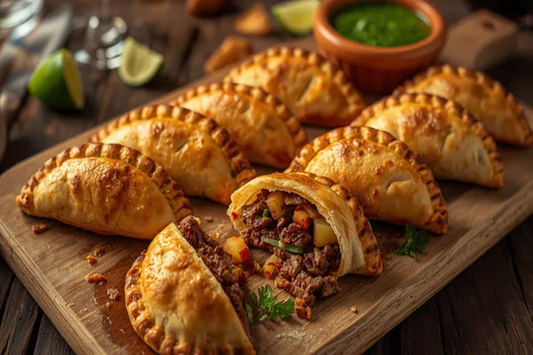 A wooden board of Salta-style Argentine beef empanadas, their pastry deeply golden and blistered with a braided repulgue crimp along the curve, one torn open in the foreground to show hand-chopped beef, red-tinted potato cubes and pieces of hard-boiled egg, with lime wedges, a small bowl of chimichurri and a glass of red wine alongside on a dark table.