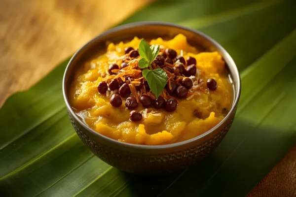 A bowl of golden Kerala erissery — mashed pumpkin and red cowpeas — topped with dark roasted coconut and curry leaves, on a banana leaf.