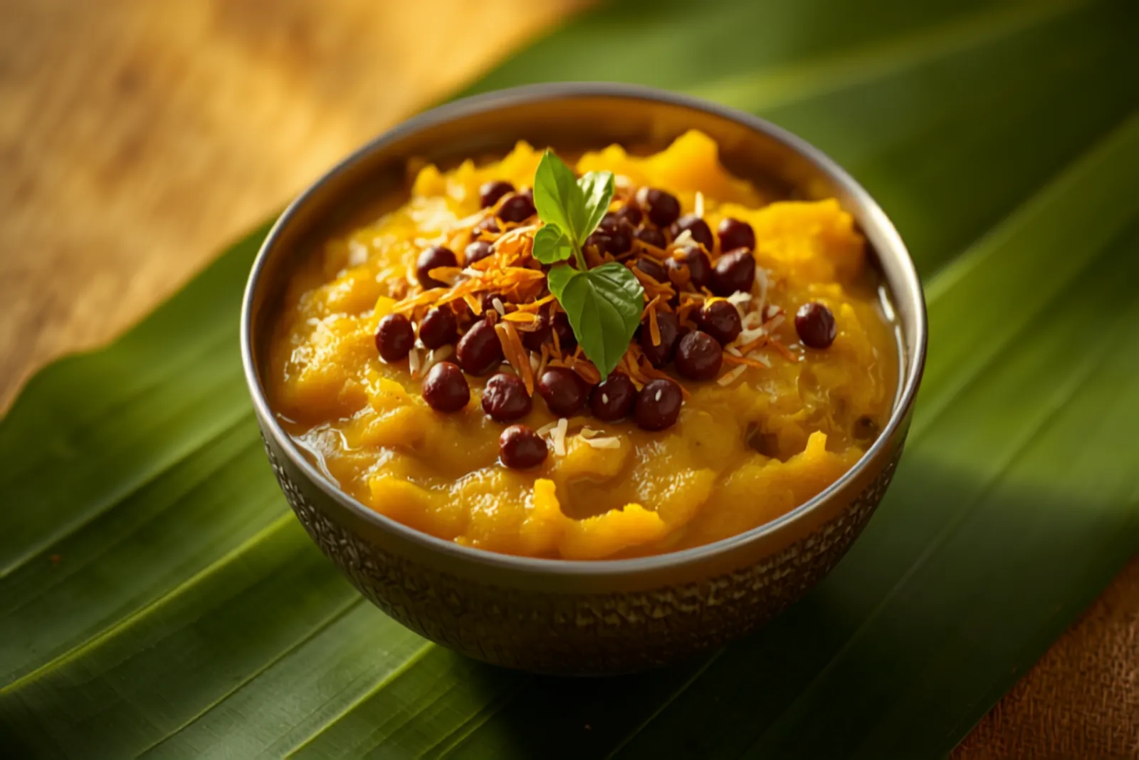 A bowl of golden Kerala erissery — mashed pumpkin and red cowpeas — topped with dark roasted coconut and curry leaves, on a banana leaf.