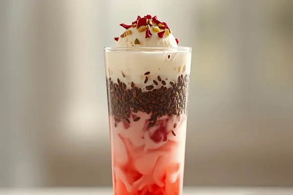 A tall glass of layered falooda — red rose syrup, dark basil seeds, pale vermicelli and pink milk topped with a scoop of ice cream, pistachios and rose petals.