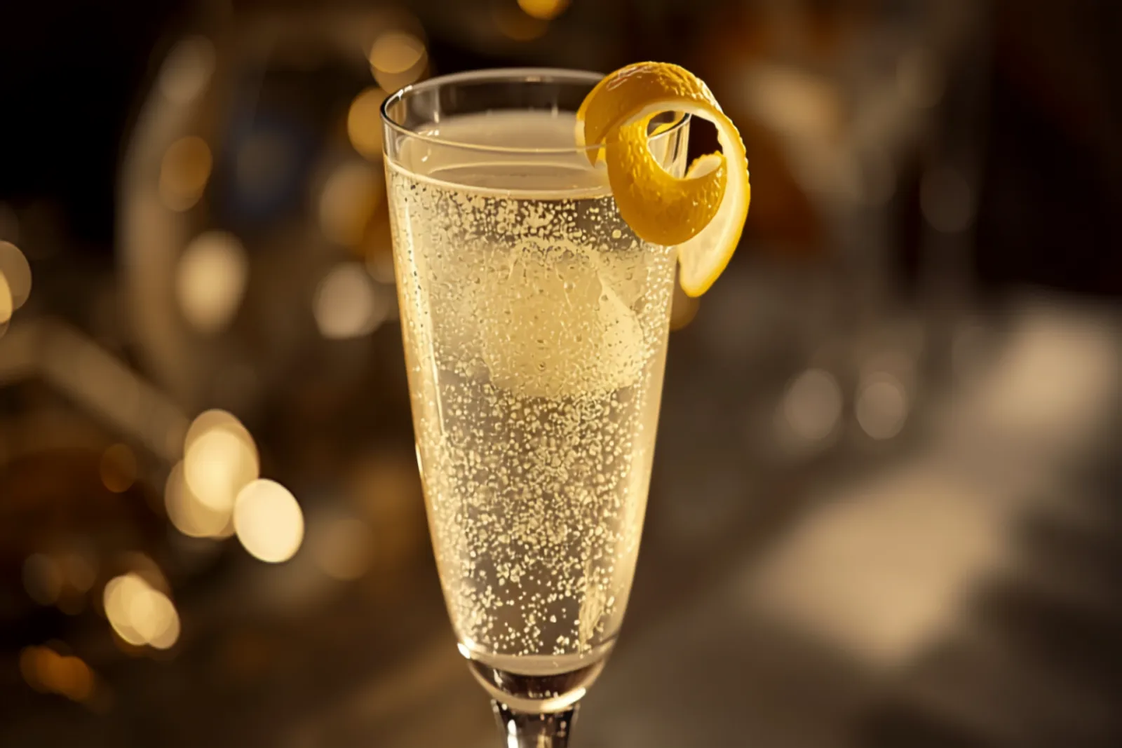 A French 75 in a chilled Champagne flute with rising bubbles and a long lemon twist, soft golden light and a festive table behind.