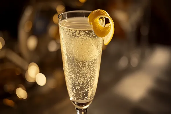 A French 75 in a chilled Champagne flute with rising bubbles and a long lemon twist, soft golden light and a festive table behind.