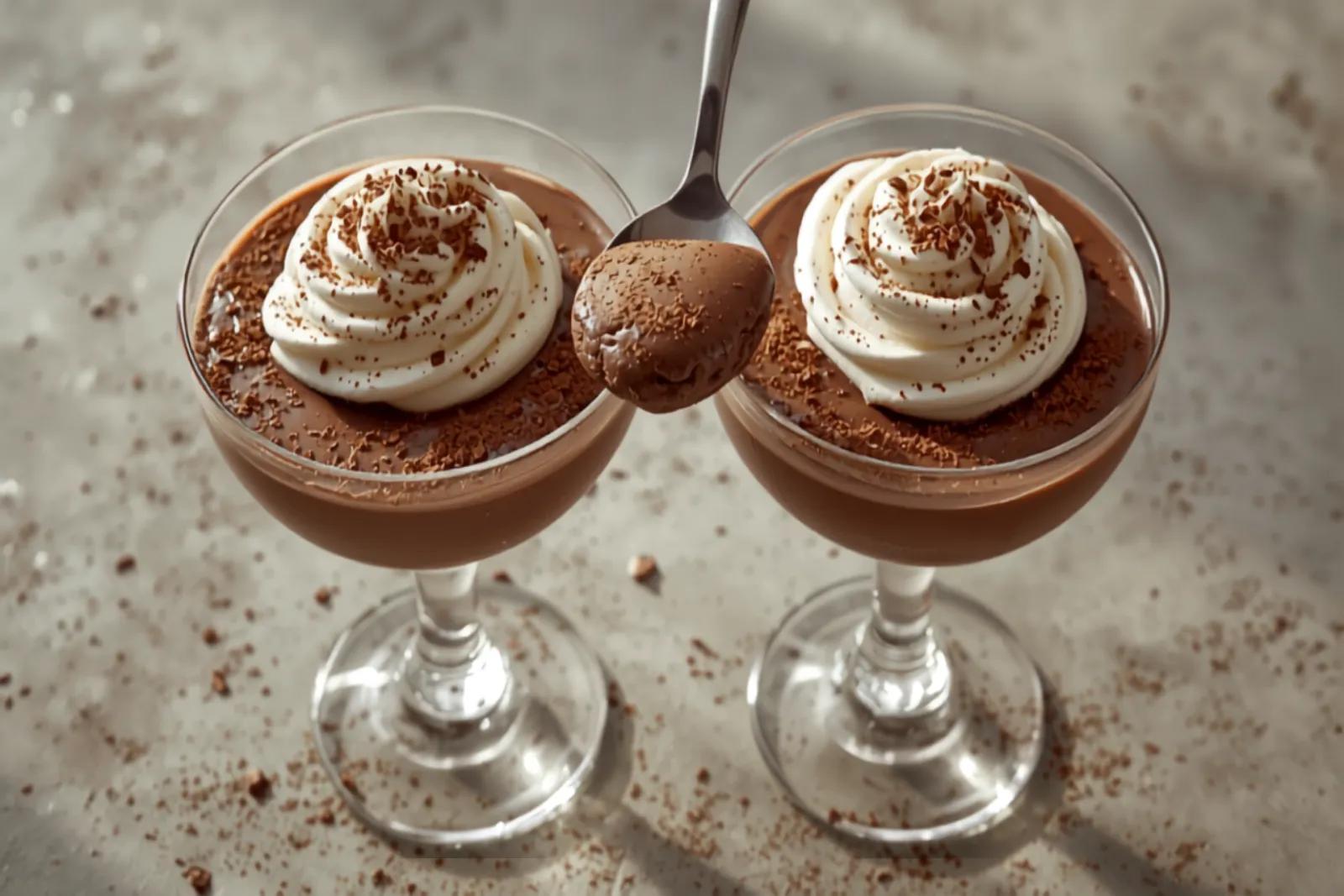 Two glasses of airy dark chocolate mousse topped with a swirl of whipped cream and chocolate shavings, with a spoon lifting a light, fluffy spoonful.