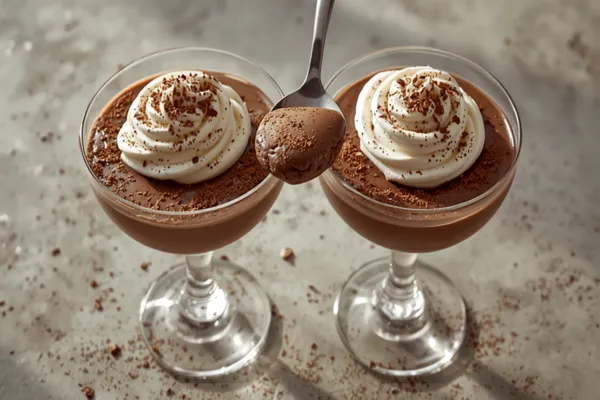 Two glasses of airy dark chocolate mousse topped with a swirl of whipped cream and chocolate shavings, with a spoon lifting a light, fluffy spoonful.