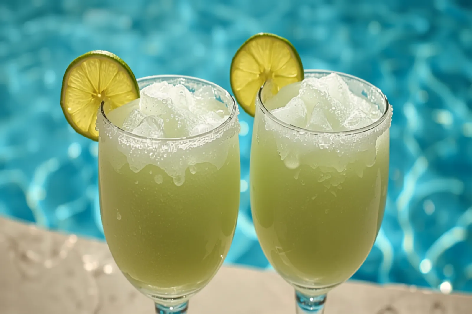 Two frozen margaritas in salt-rimmed glasses, thick pale-green slush with lime wheels, bright poolside light.